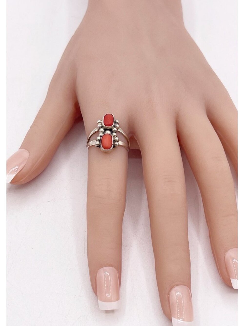 Vintage KC Sterling Silver Red Coral Ring Southwestern Handmade Size 6.75